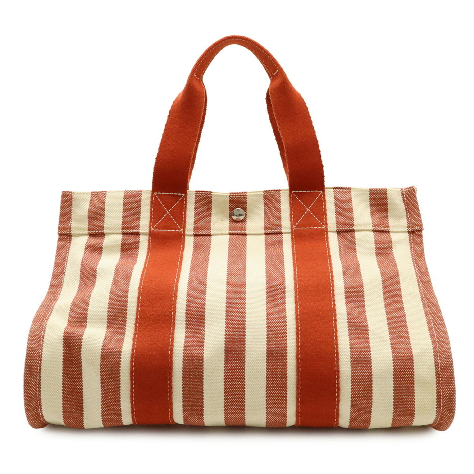 Hermes Cannes Mm Tote Bag Handbag Striped Canvas Red Ivory